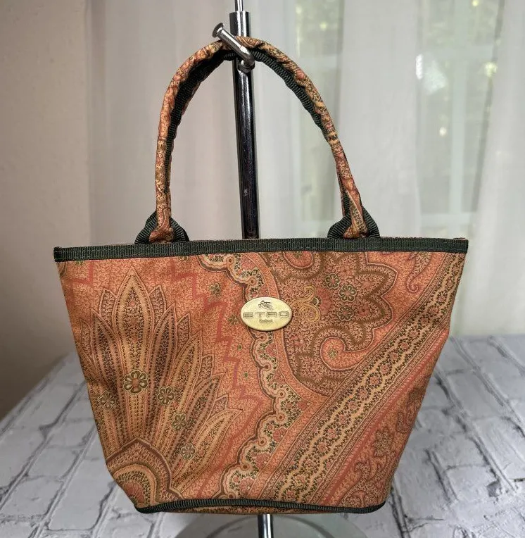 ETRO Paisley Mini Libra Hand Bag Tote Small Nylon Clasp Fabric Pattern Authentic Brown