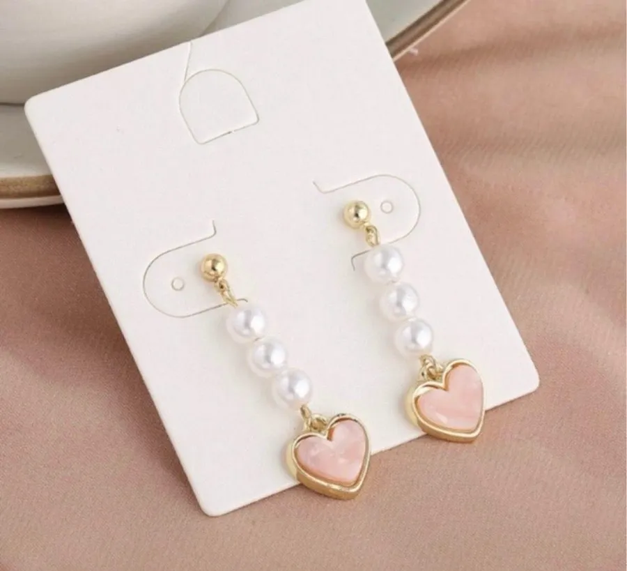 Pink Heart Pearl Dangle Drop Earrings for Women Gold