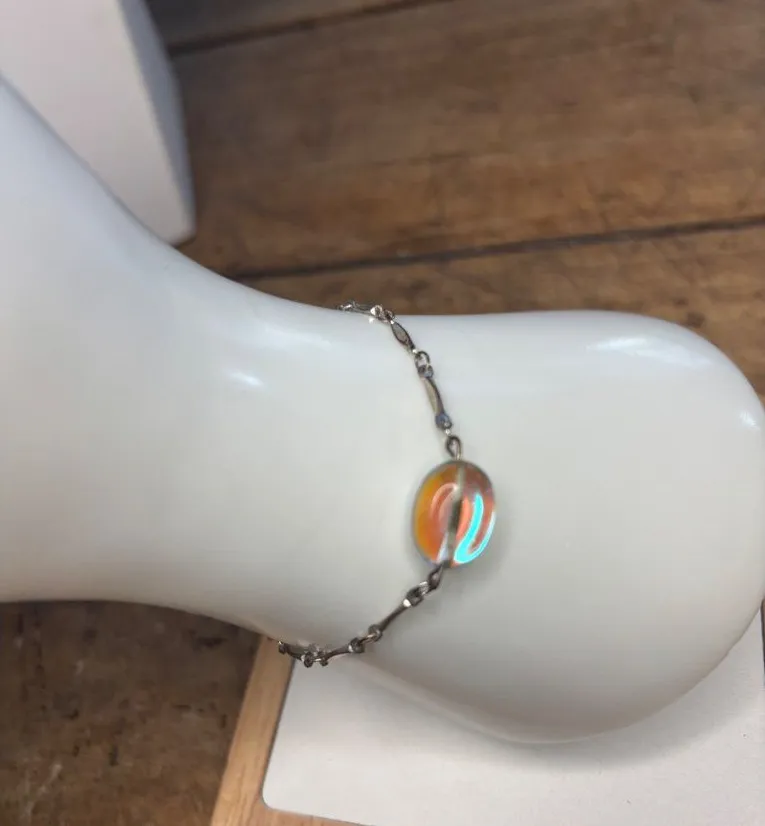 Iridescent Beaded Sterling Silver Bracelet With Oval Glass Accent & Lobster Clas