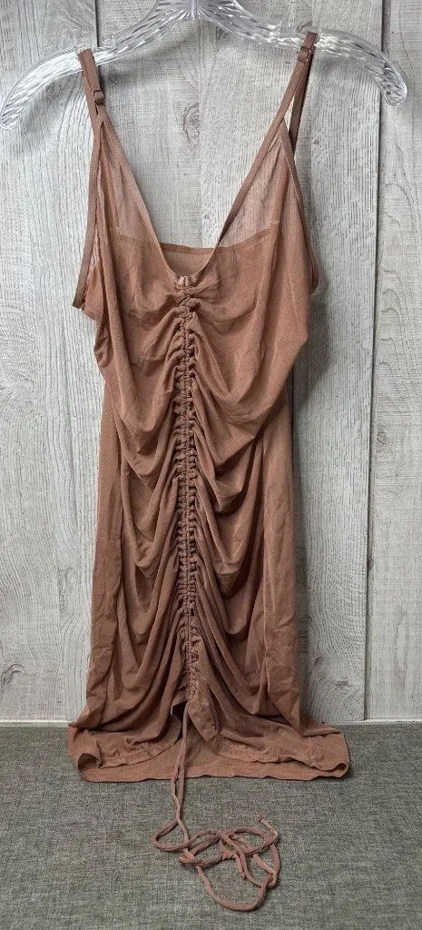 Womens Tan Sheer Beach Dress Ruched Gathered Front Tie Pool Resort Cruise Summer