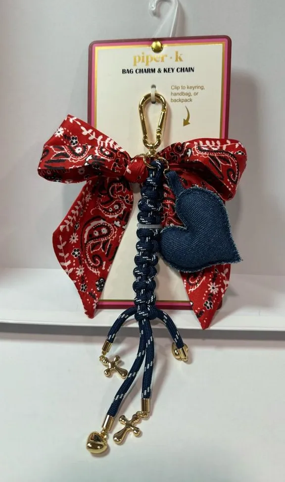 Piper K Bandana Bow Bag Charm Keychain Denim Heart Gold Tone NWT Red