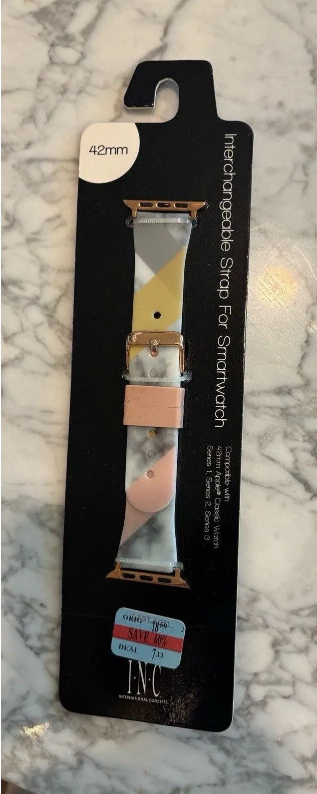I.N.C. Women's Pink Gray Marbled Rose Gold 42mm Apple Watch Band Strap Wristband