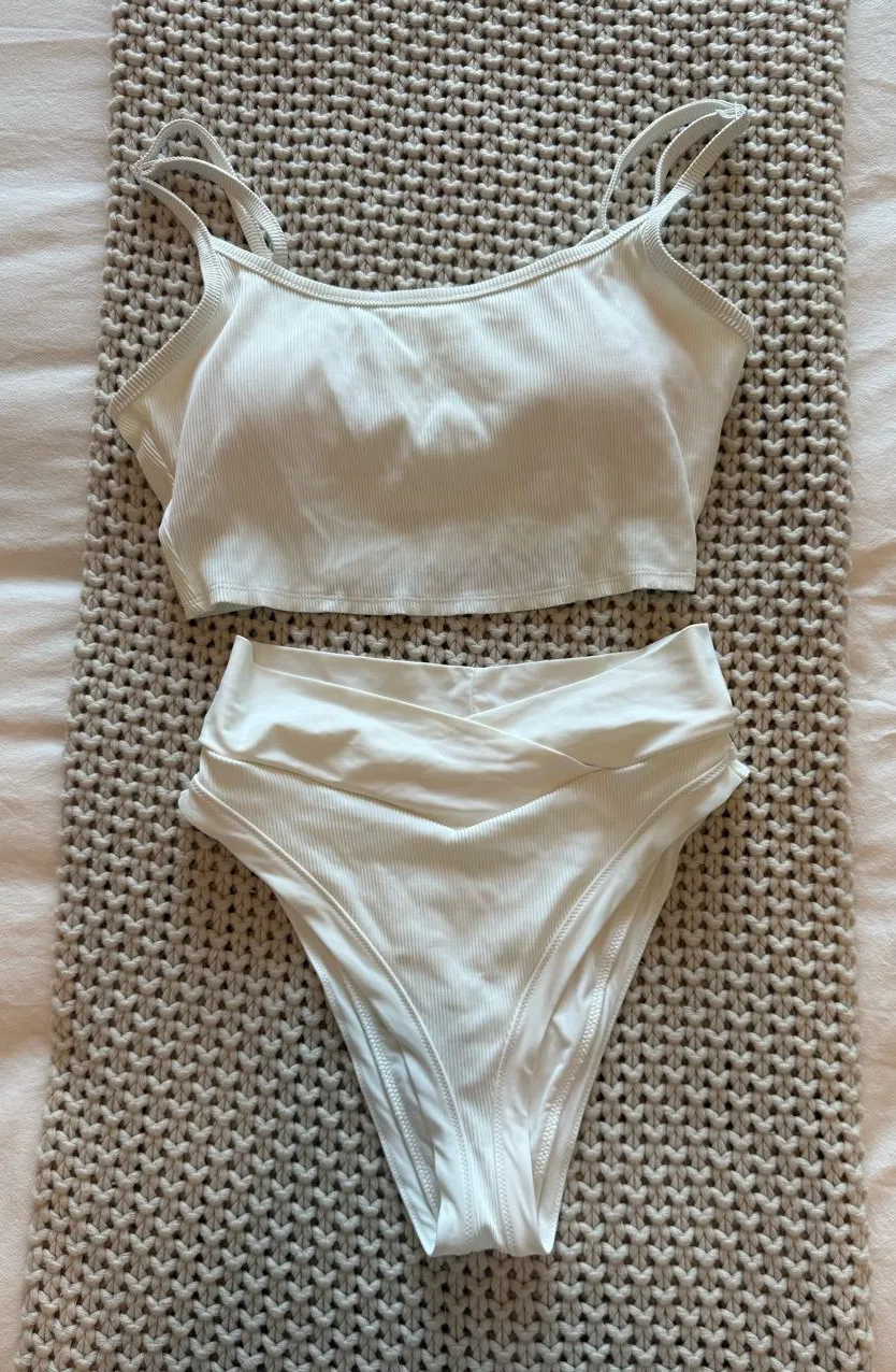 Aerie Ribbed High-Waist Bikini Set in White