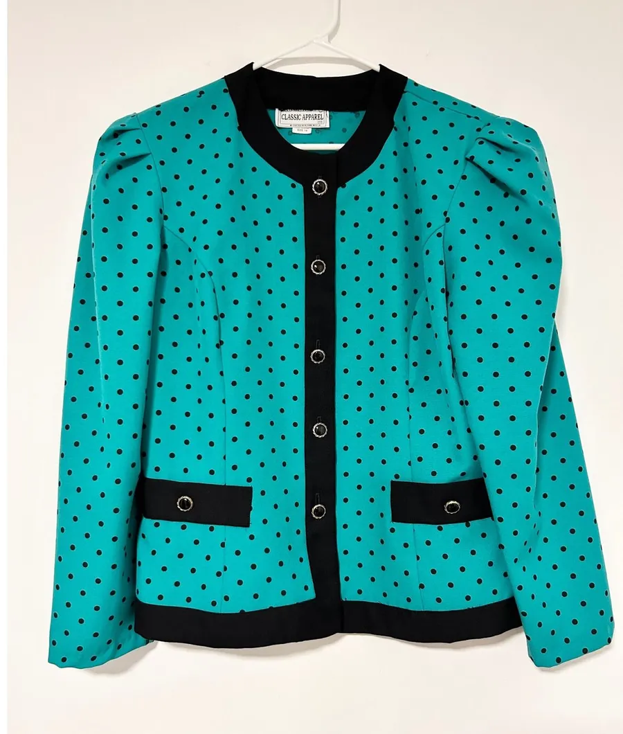 Classic Apparel Ltd 80s Vintage Teal Polka Dot Button Front Blazer Puff Shoulder Green Size 14