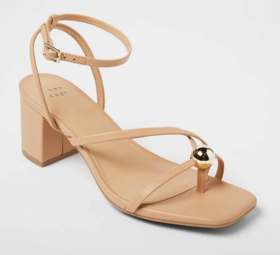 Phoebe Strappy Ball Ornament Square Block Heels - Tan