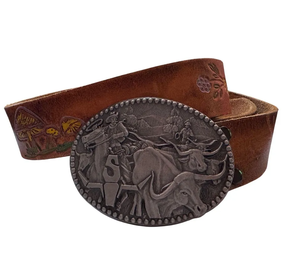 70s Vtg sz 34 Painted Mushroom Butterfly Floral Tooled Leather Belt W/Zee Buckle Brown