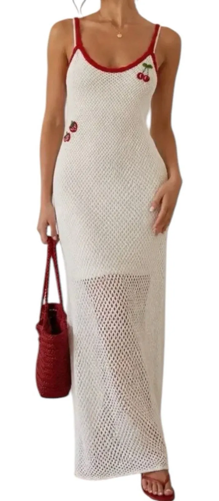 NWOT WAYF Cherry Applique Crochet Knit Maxi Dress Ivory Red Size Medium