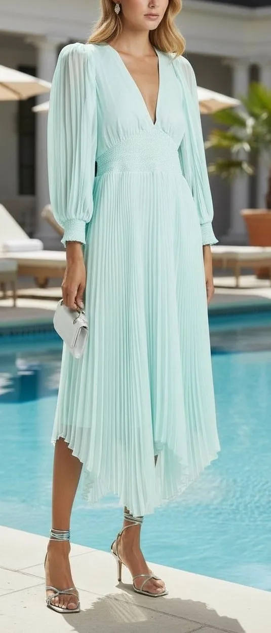 Alice Olivia Pleated Midi Dress sky blue V Neck Smocked Waist Bishop Sleeve s12