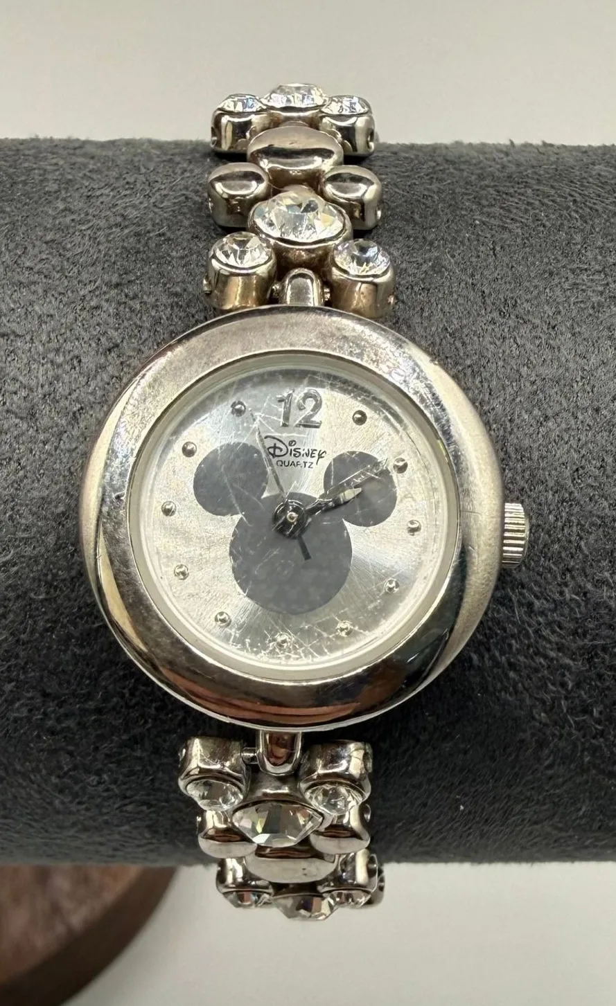 Disney Time Works Mickey Mouse Silver Tone Rhinestone Link Bracelet Watch 3ATM