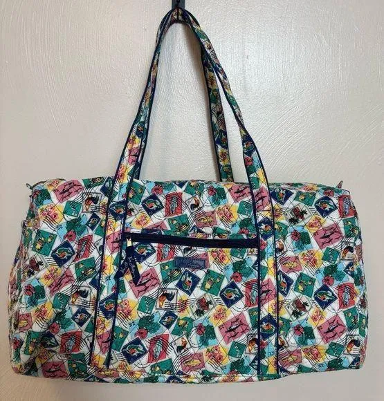 EUC Vera Bradley Large Travel Duffel Bag Cuban Stamps Zipper Handles Pockets