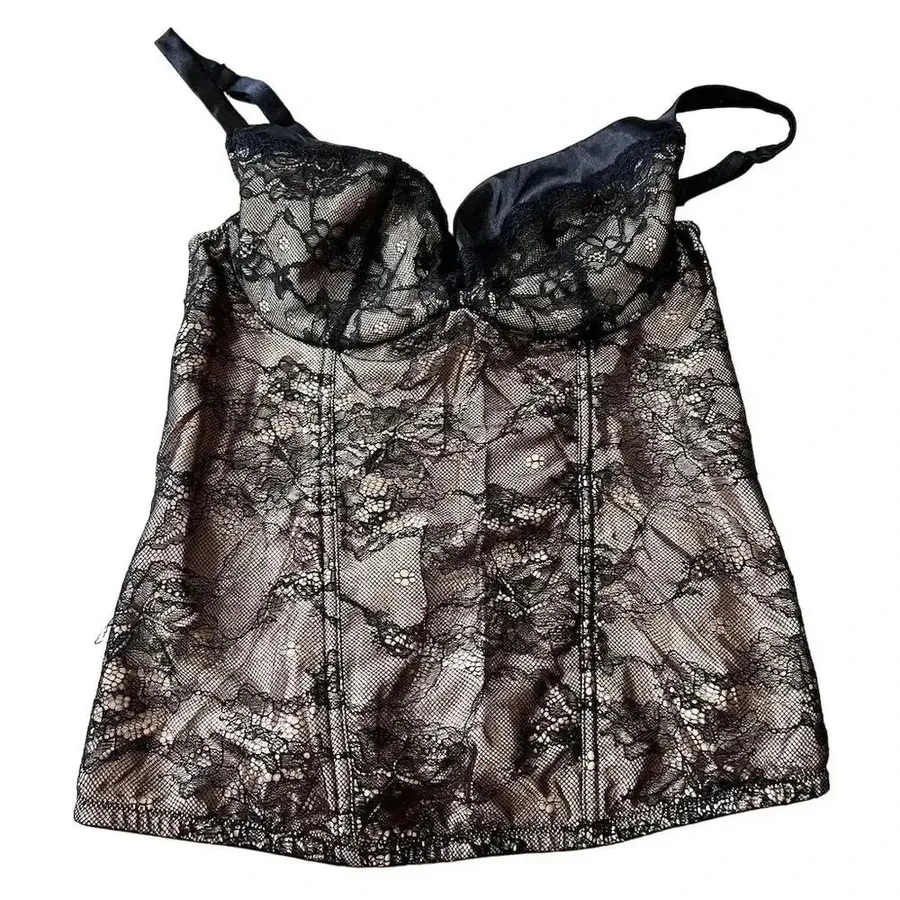 Cacique Women's Floral Lace Bustier Corset Bra Top Size 14/16 Black and Tan