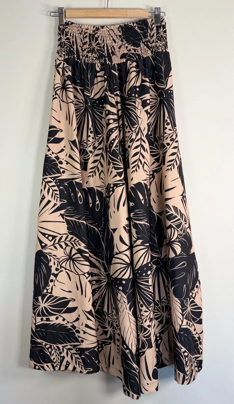 Tropical Monstera Leaf Print Wide Leg Palazzo Pants Black Tan Smocked Waist
