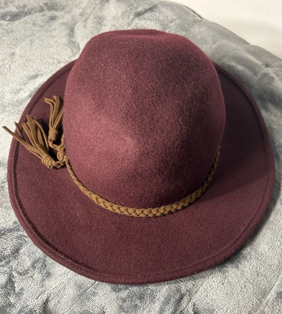 Burgundy 100% Wool Wide Brim Hat Braided Faux Leather Band Tassel Boho Red