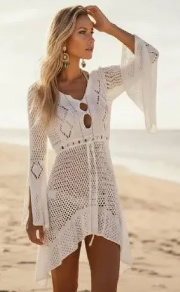 White Crochet Openwork Tunic with Tie Waist Size undefined