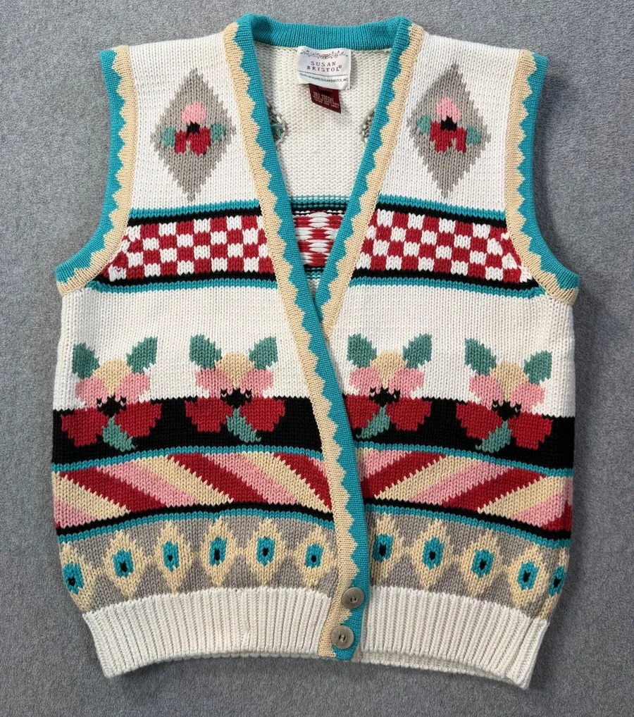 Vintage 1990 Susan Bristol Knit Sweater Vest Women's Large Floral Check V-Neck