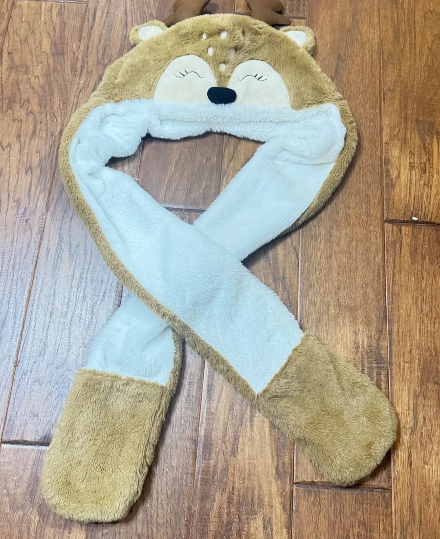 Claire's Reindeer Plush Hood Scarf Mittens Combo Brown Faux Fur Deer Antlers