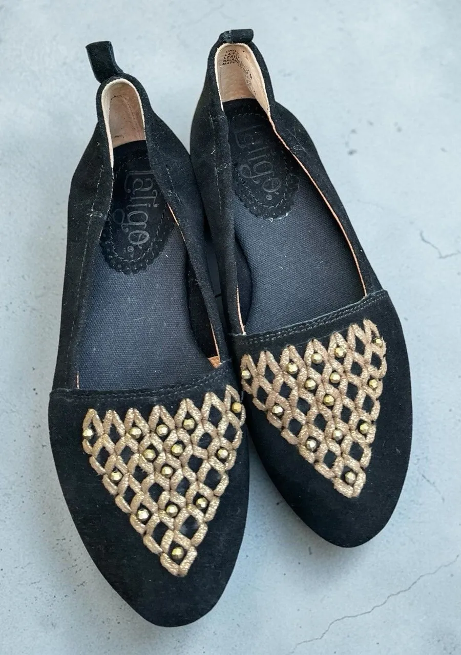 LATIGO Unity Suede Ballet Flats 7 Black Gold Studded Boho Comfort NWOT