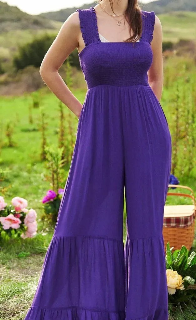 Davi & Dani Smocked Bodice Strap Ruffle Tie Belt Jumpsuit