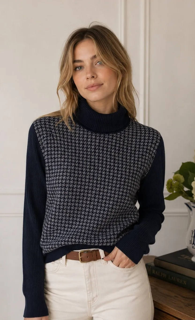 David Brooks vintage Blue Gray Houndstooth Silk Cotton Blend Turtleneck