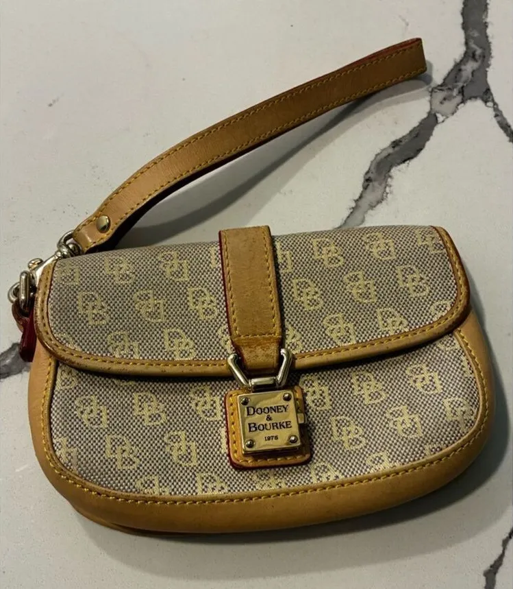 Dooney & Bourke Tan Signature Canvas Wristlet with Gold Hardware
