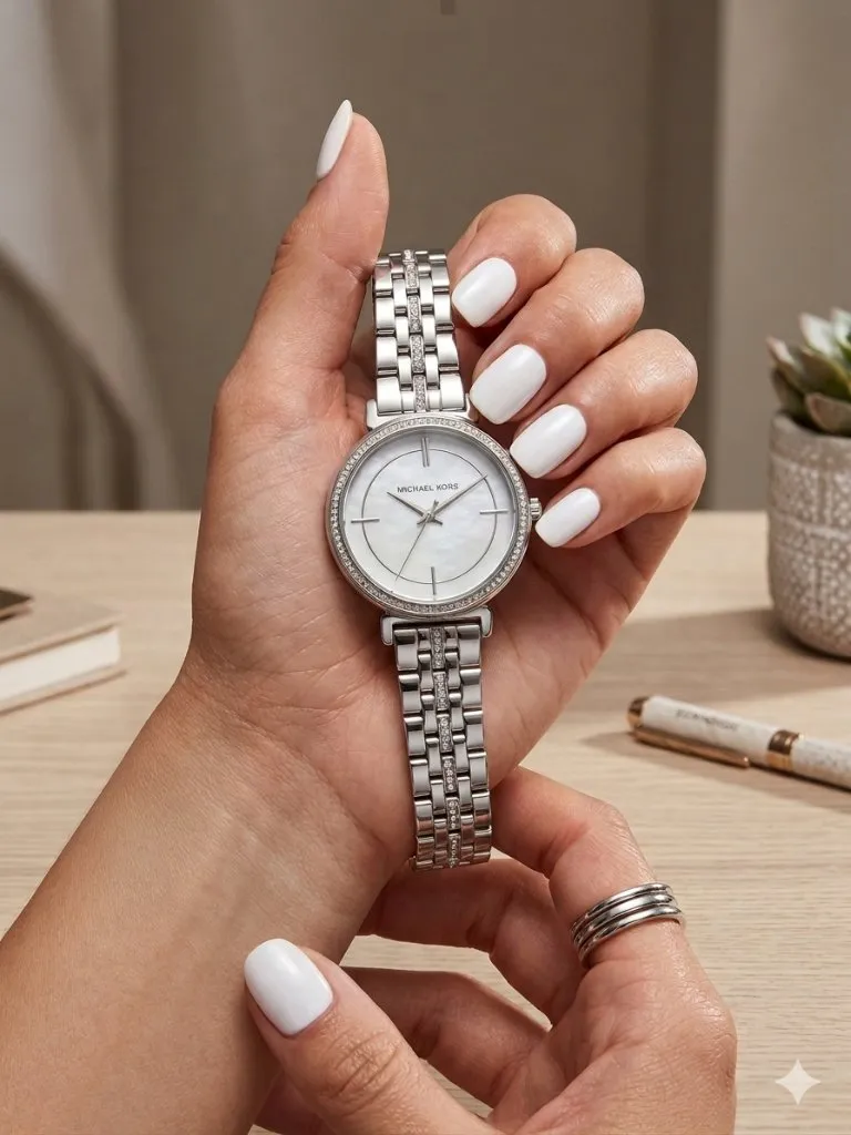 Michael Kors Silver Tone Crystal Bezel Watch Mother of Pearl Dial