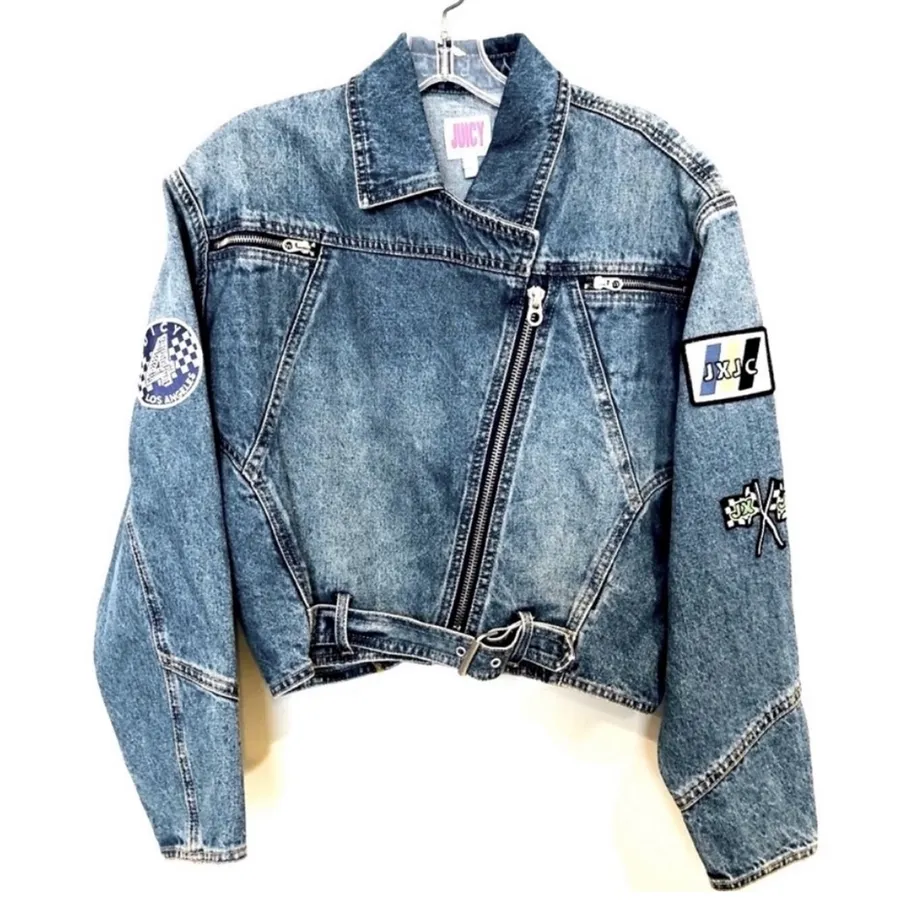 Juicy by Juicy Couture Blue Jean Denim Cropped Moto Jacket zippers and belts