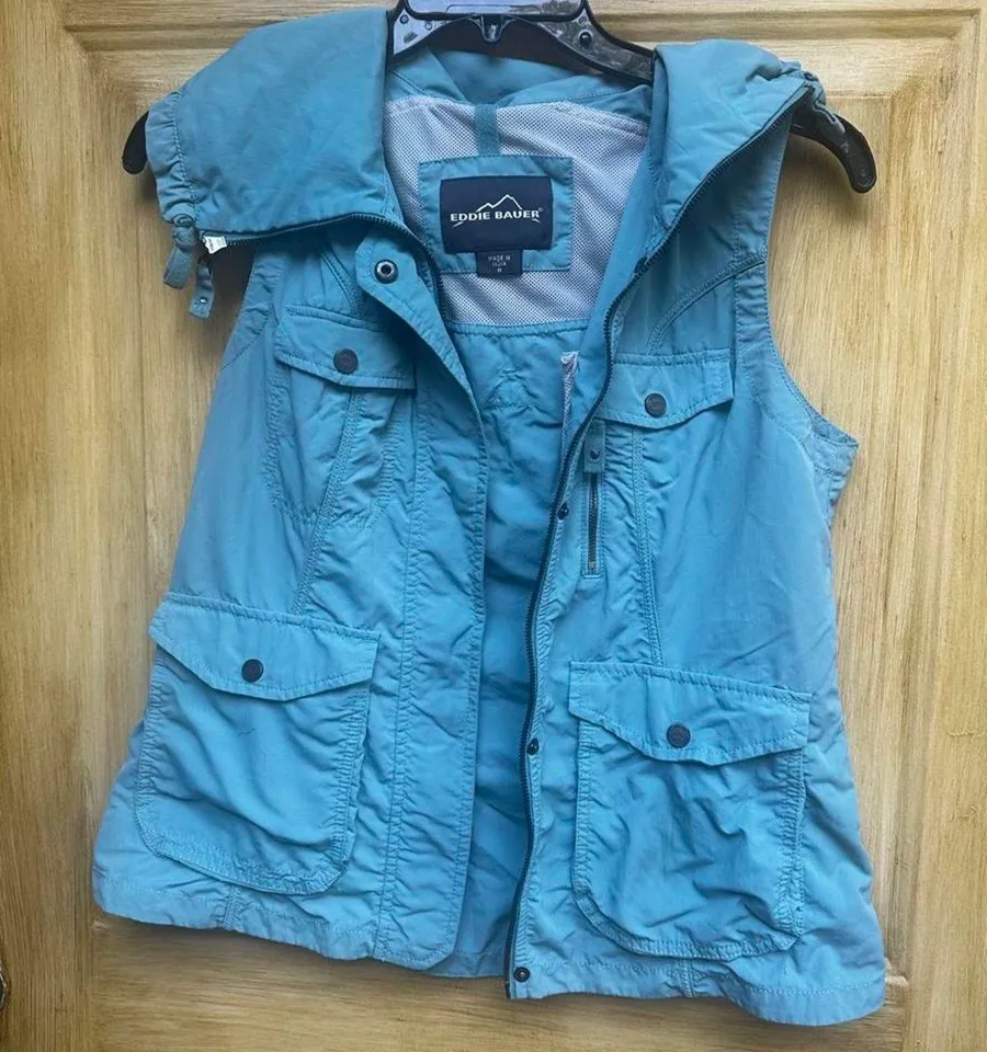 Eddie Bauer Women's M Turquoise Blue Utility Vest Hooded Multi Pocket Outdoor