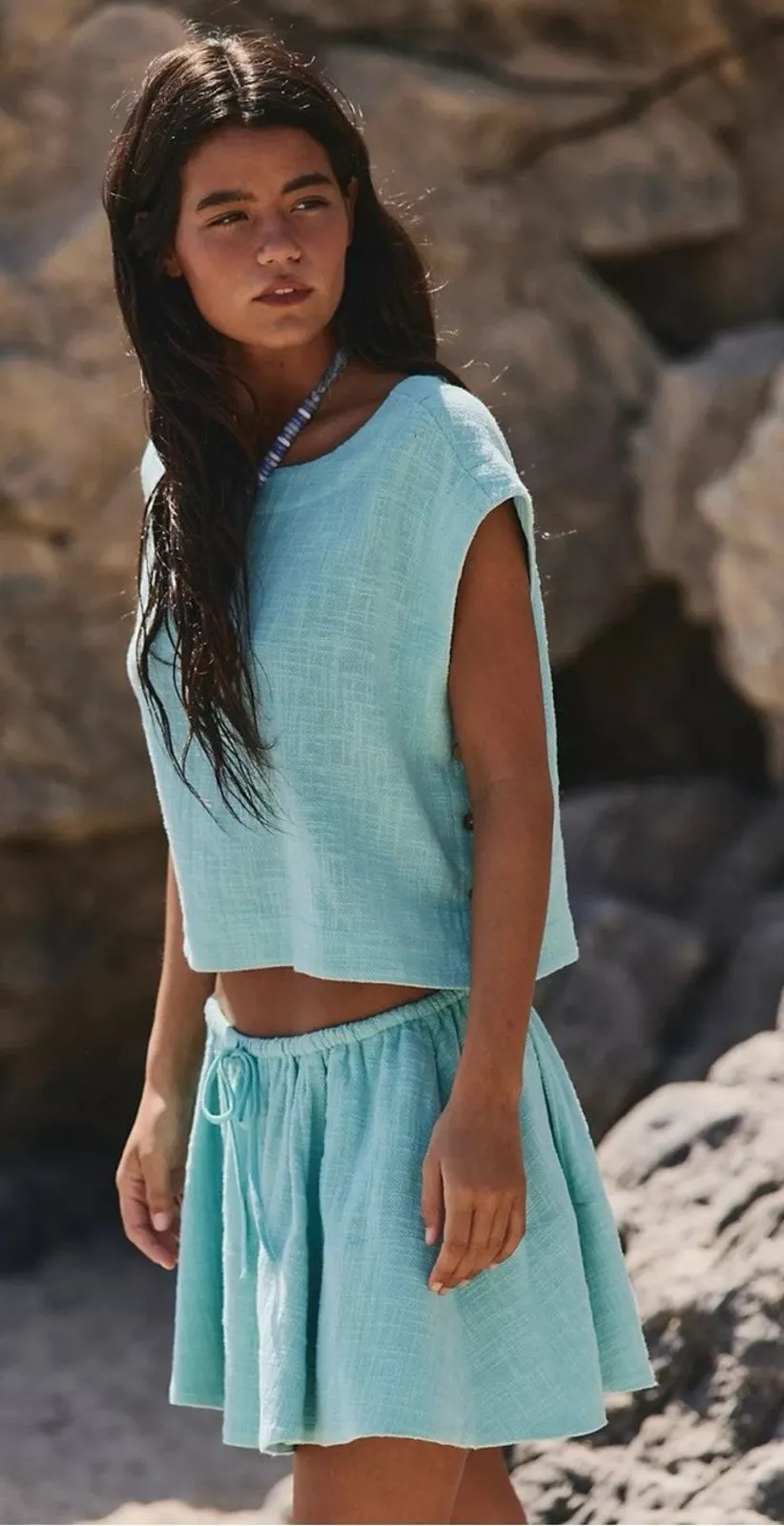 Free People Bohemian Beachy Skye Mini Skirt & Top Set Aqua Blue XL NWT