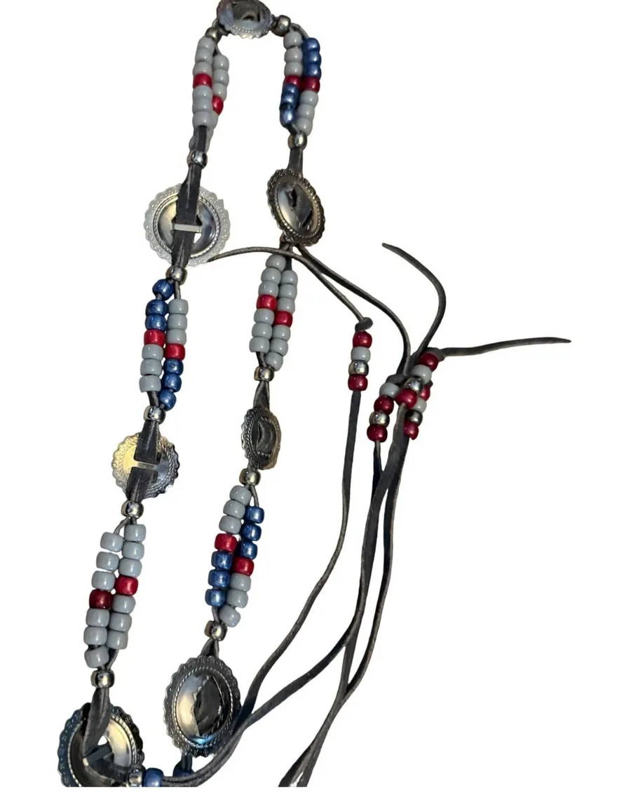 Southwestern Grey Leather Beaded Concho Belt Red White Blue Wrap Tie Waist Gray