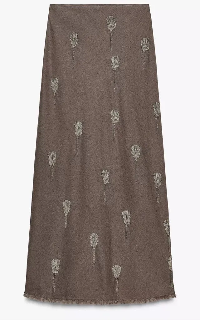 Zara NWT taupe gray cotton & linen embellished print maxi skirt