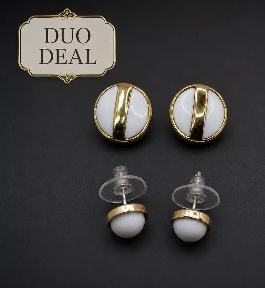 Duo Deal 2 Pairs White Enamel Gold Tone Round Clip