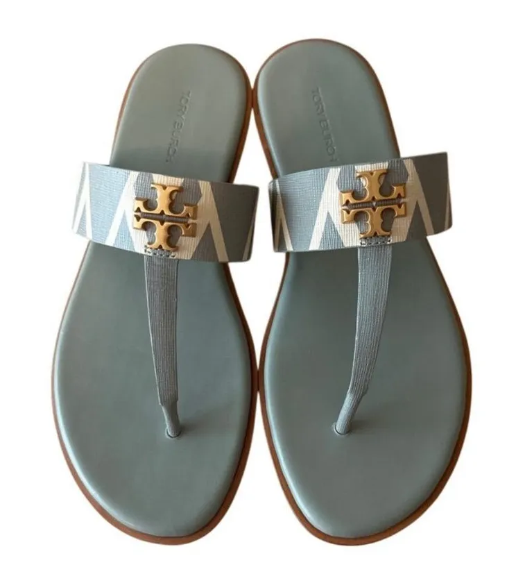 Tory Burch Mini Everly Geometric Blue Grey Sandals Double T 7
