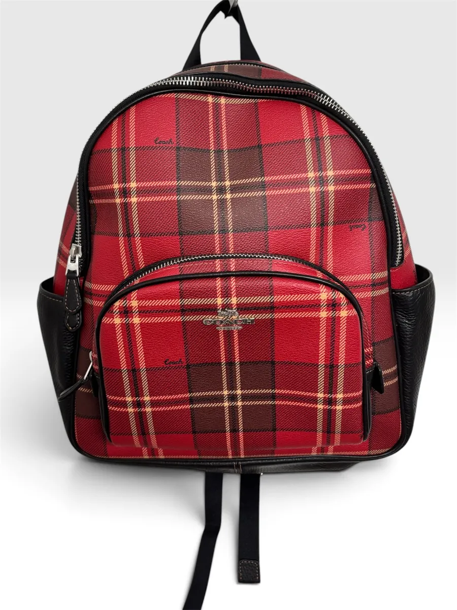 Coach Red Tartan Plaid Backpack Black Leather Trim