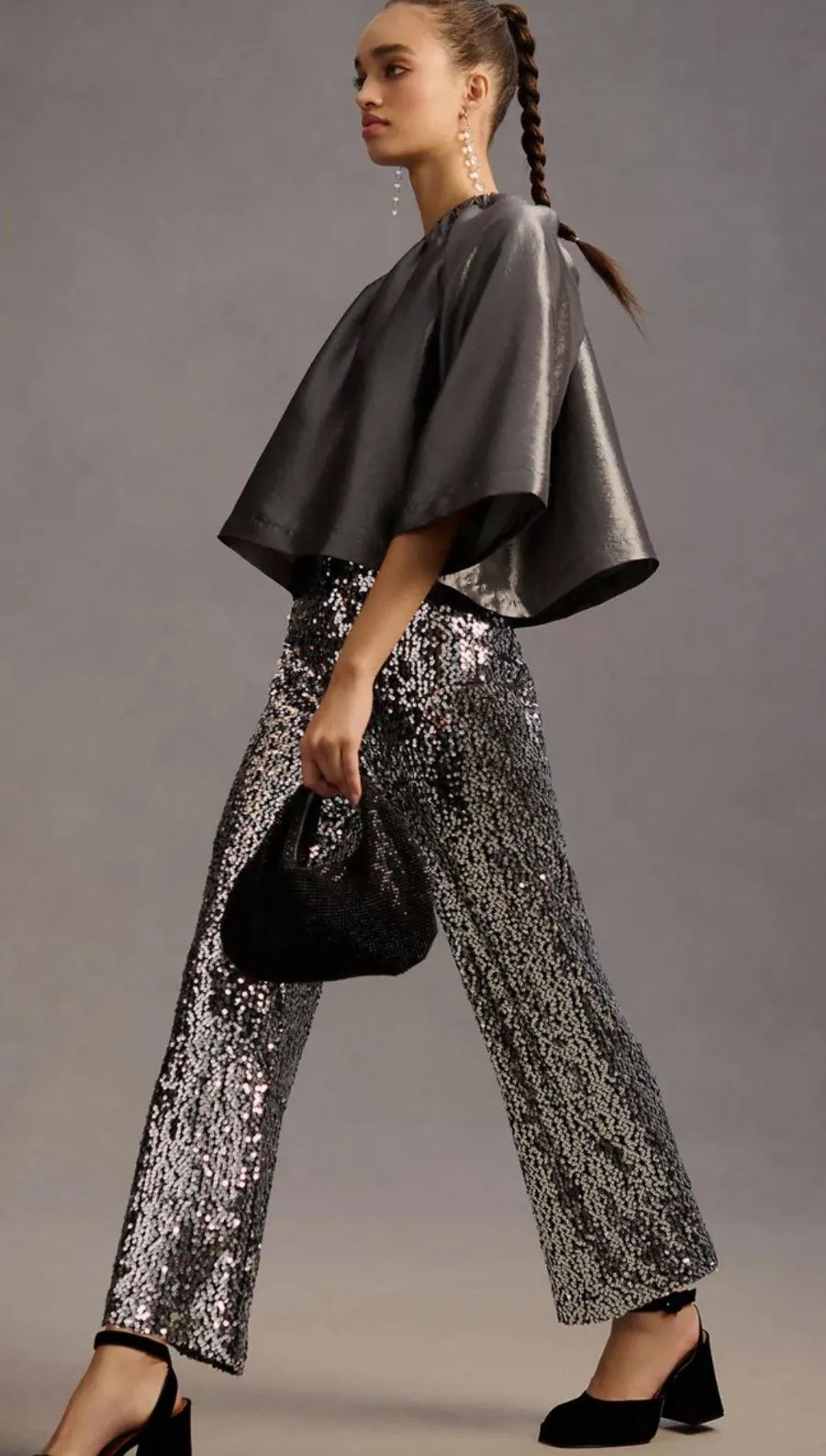 Anthropologie Maeve Black Silver The Colette Cropped Wide Leg Sequin Pants