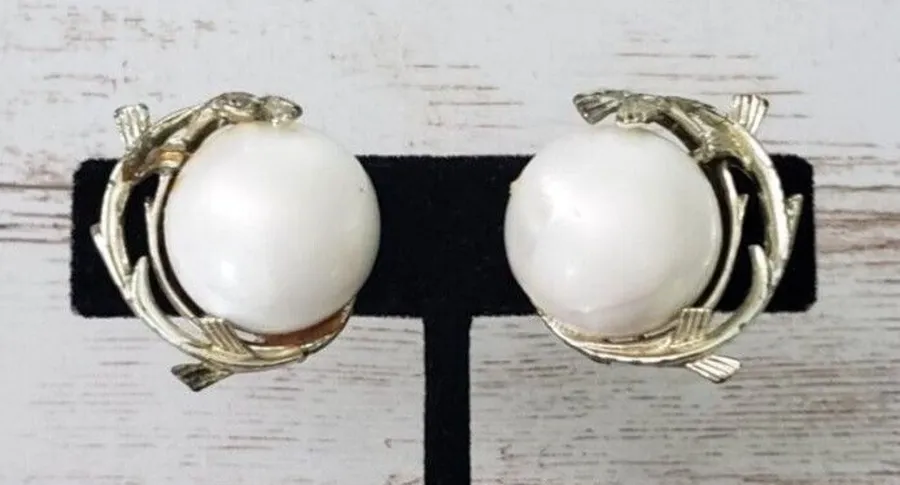 Vintage Clip On Earrings Statement Cream Circle with Gold Tone Detail