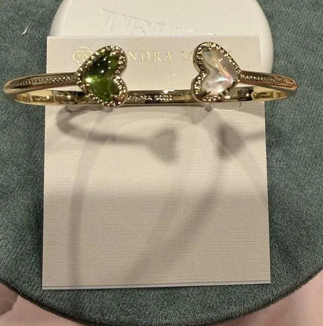 Kendra Scott | Gold Plated Bangle with Green and Iridescent Hearts | Medium