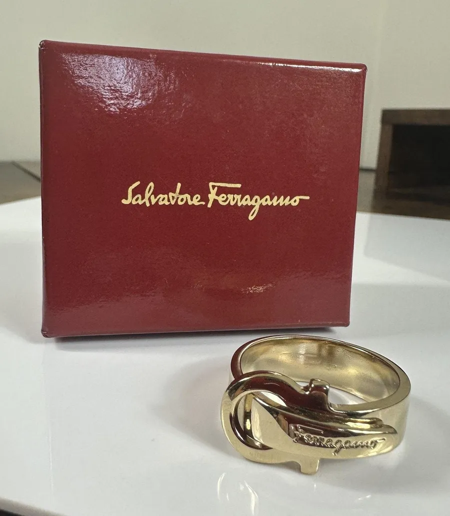 Salvatore Ferragamo Gold Tone Gancini Scarf Ring W/ Box