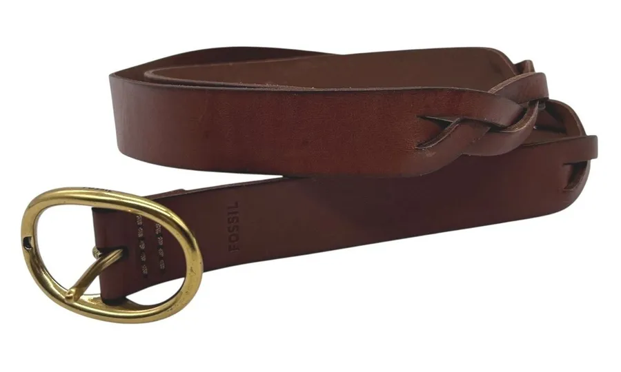 Fossil Belt Womens L Brown Leather Braided Detail Gold Buckle Dress Work Casual