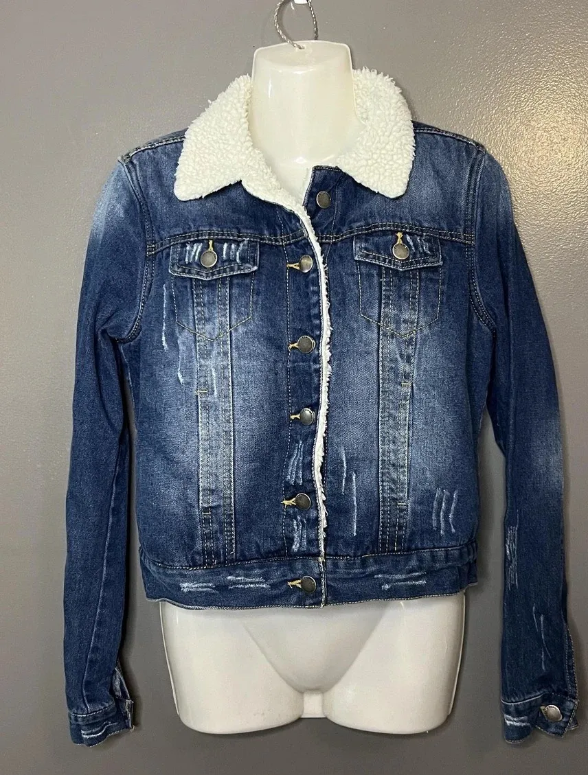 Reserve Fairfax Jacket Womens Small Sherpa Lined Denim Trucker Shearling Collar Blue