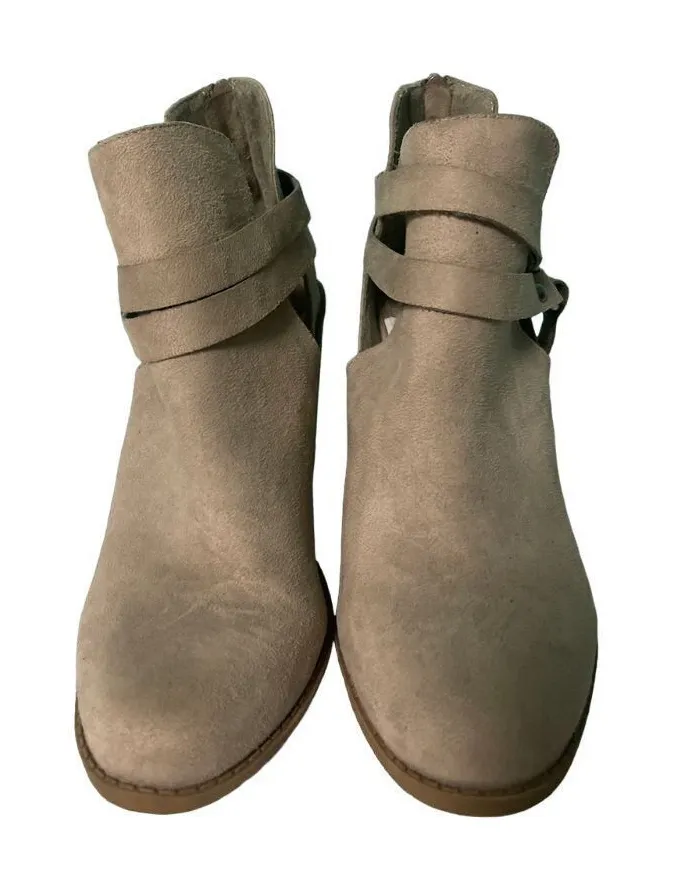 Stylish Taupe Suede Ankle Boots with Strap Detail and Chunky Heel 9 1/2 S
