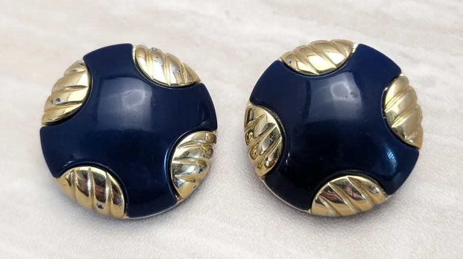 Vintage Clip On Earrings Very Large Dark Navy Blue & Gold Tone Statement Chunky