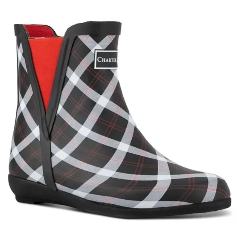 Charter Club Black Plaid Ankle Rain Boot with Red Trim x