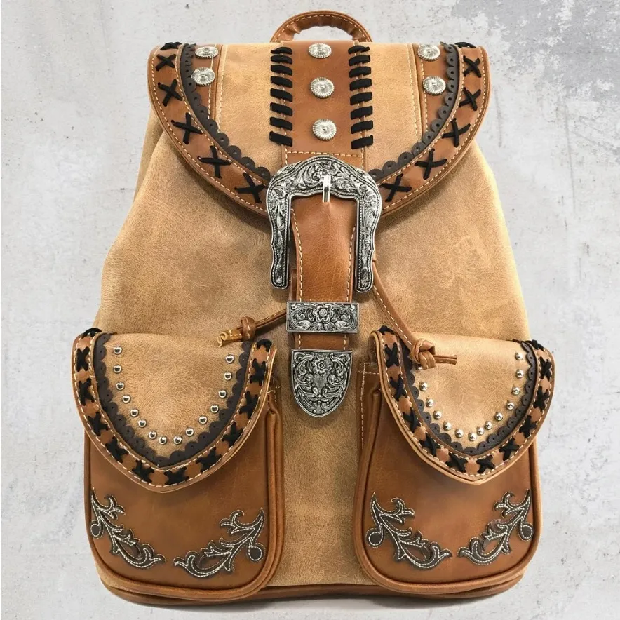 Western Leather Buckle Backpack Tan