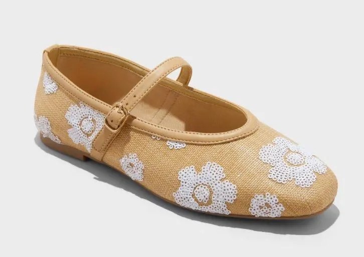 A New Day Carmel rattan sequin MaryJane Floral Flats size 6