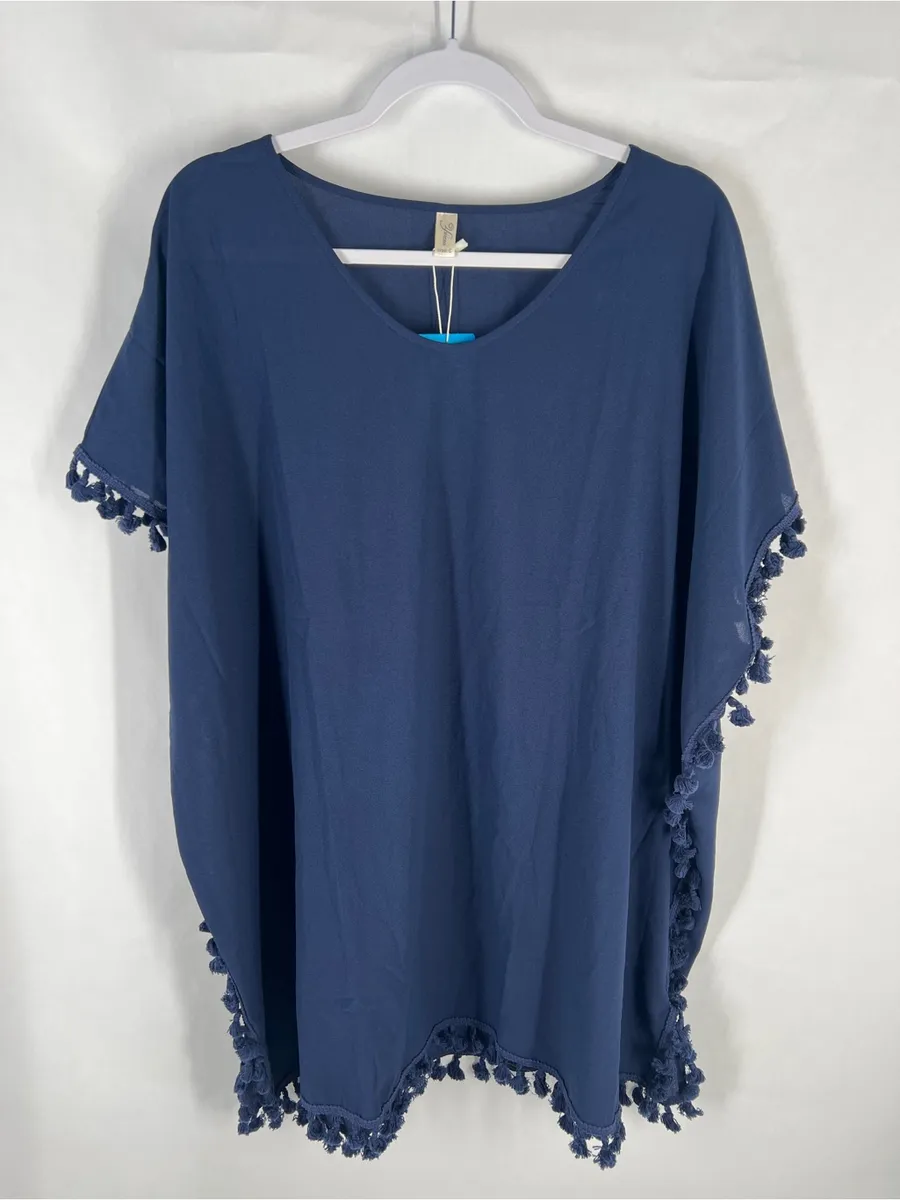 Yincro NWT Navy Blue Tassel Fringe Poncho Caftan Swim Cover Up 3X