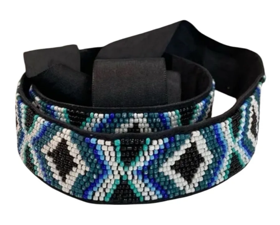 WHBM - Tribal/Chevron-White/Black/Blue Solid Seed-Beadwork Belt EUC