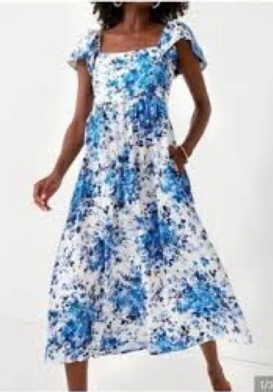 Tuckernuck Cecily Midi Dress Womens XXL Blue White Floral Flutter Sleeve