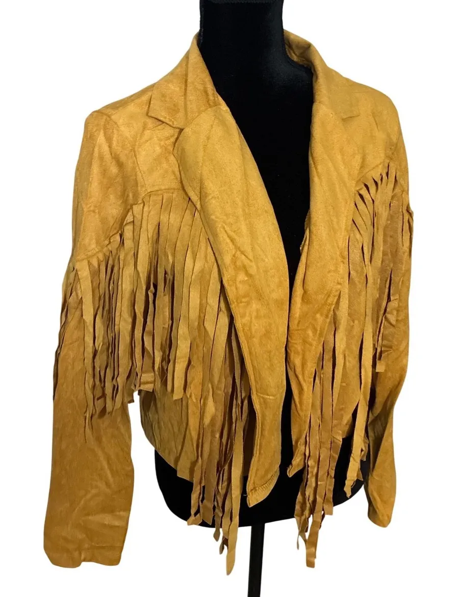 Womens Faux Suede Fringe Western Cropped Jacket Small Open Front Cowgirl Party Brown