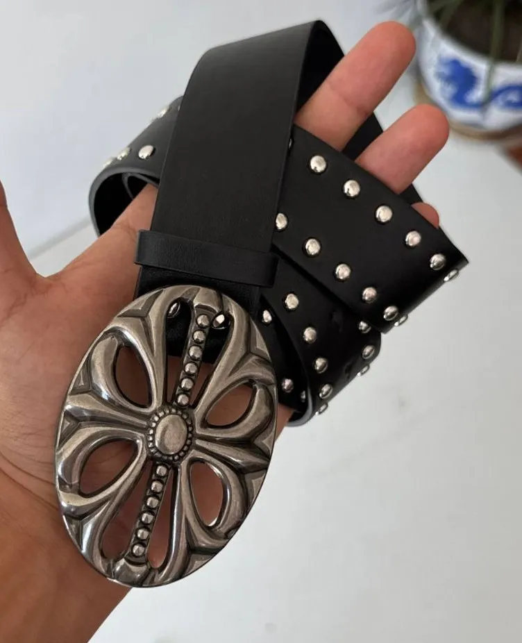 Black Studded Wide Belt with Silver-Tone Floral Buckle