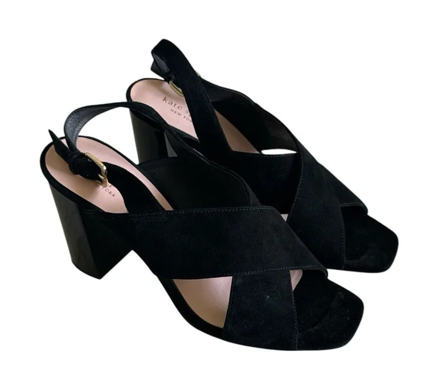 Kate Spade Dress Sandal Size 9M Black Suede Patent Leather Block Heels